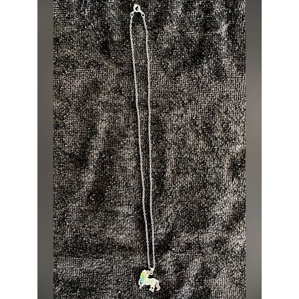 Rainbow Unicorn Rhinestone Necklace & Adjustable Bracelet Set – Silver Jewelry